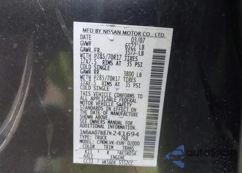 2007 Nissan Titan Le z USA, uszkodzony, nr VIN 1N6AA07B87N241694